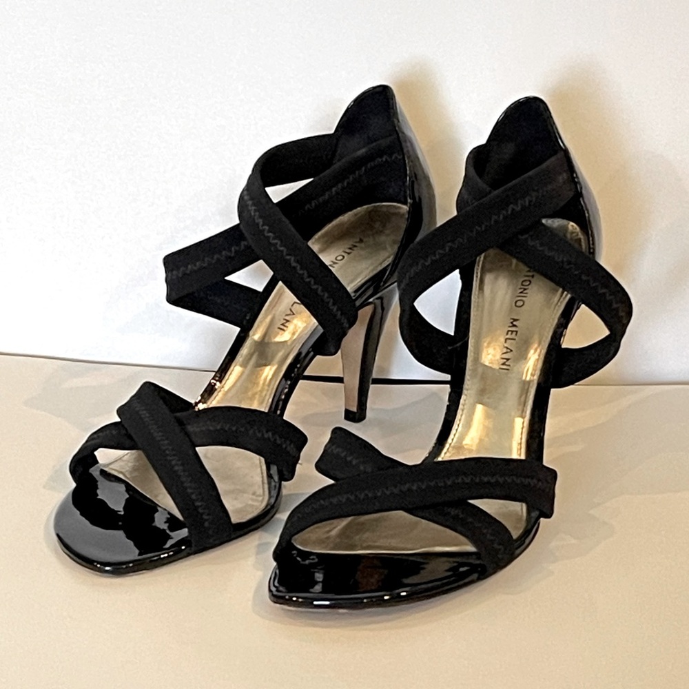 Antonio Melani Black Patent Leather Strappy Heels 8.5